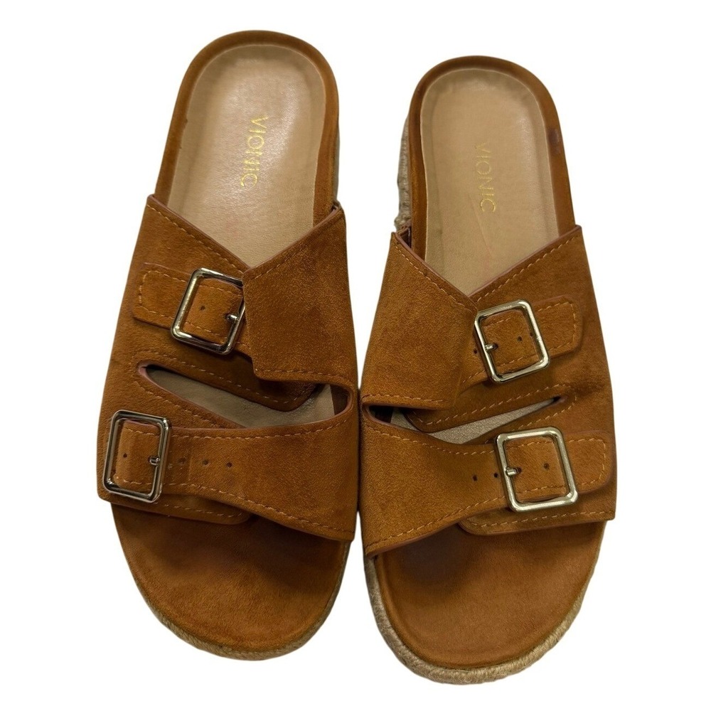 Vionic Gia Tan Suede Buckle Espadrille Platform Slide Sandals Womens 8 341GIA